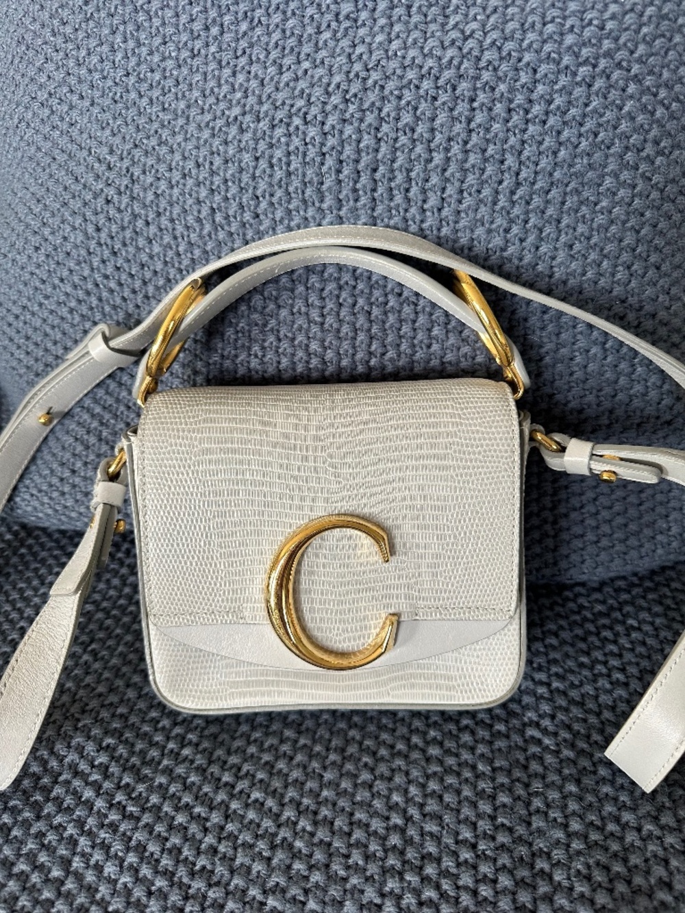 Chloé Mini C Double Carry Bag in Light Gray Crocodile Embossed Leather